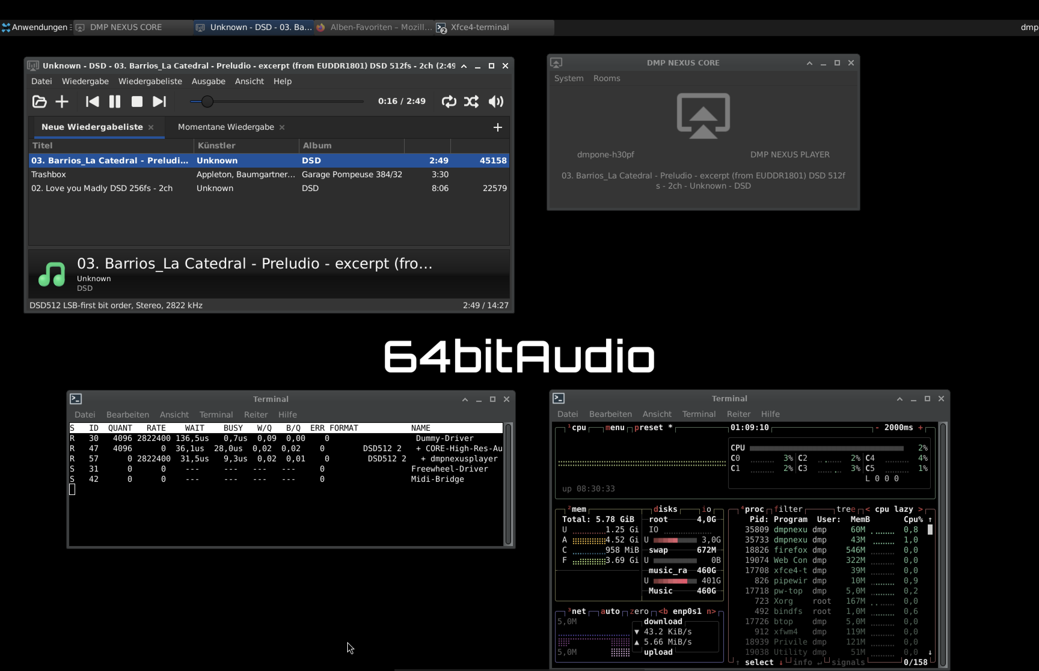 Screenshot of the DMP NEXUS Virtual Appliance in UTM showing PLAYER, CORE, and terminal output of the audio path.